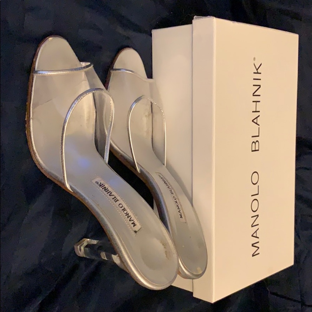 Manila Blahnik Napa Silver Clear Heels